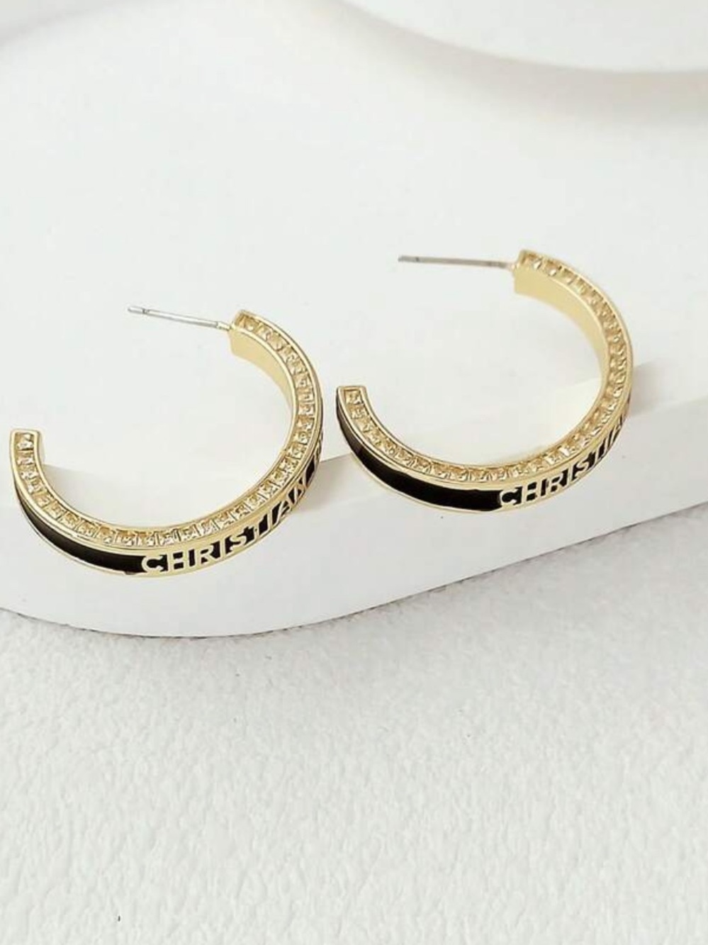 Dior Gold Hoop Earrings with Black Enamel Accents - Picture 3 of 3